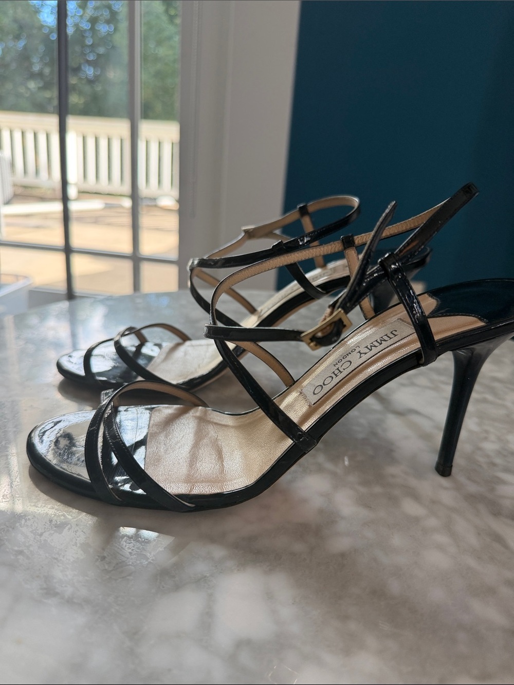 Jimmy Choo Dark Navy Patent Leather Sandals - like new on top, scuffed soles - Picture 2 of 12